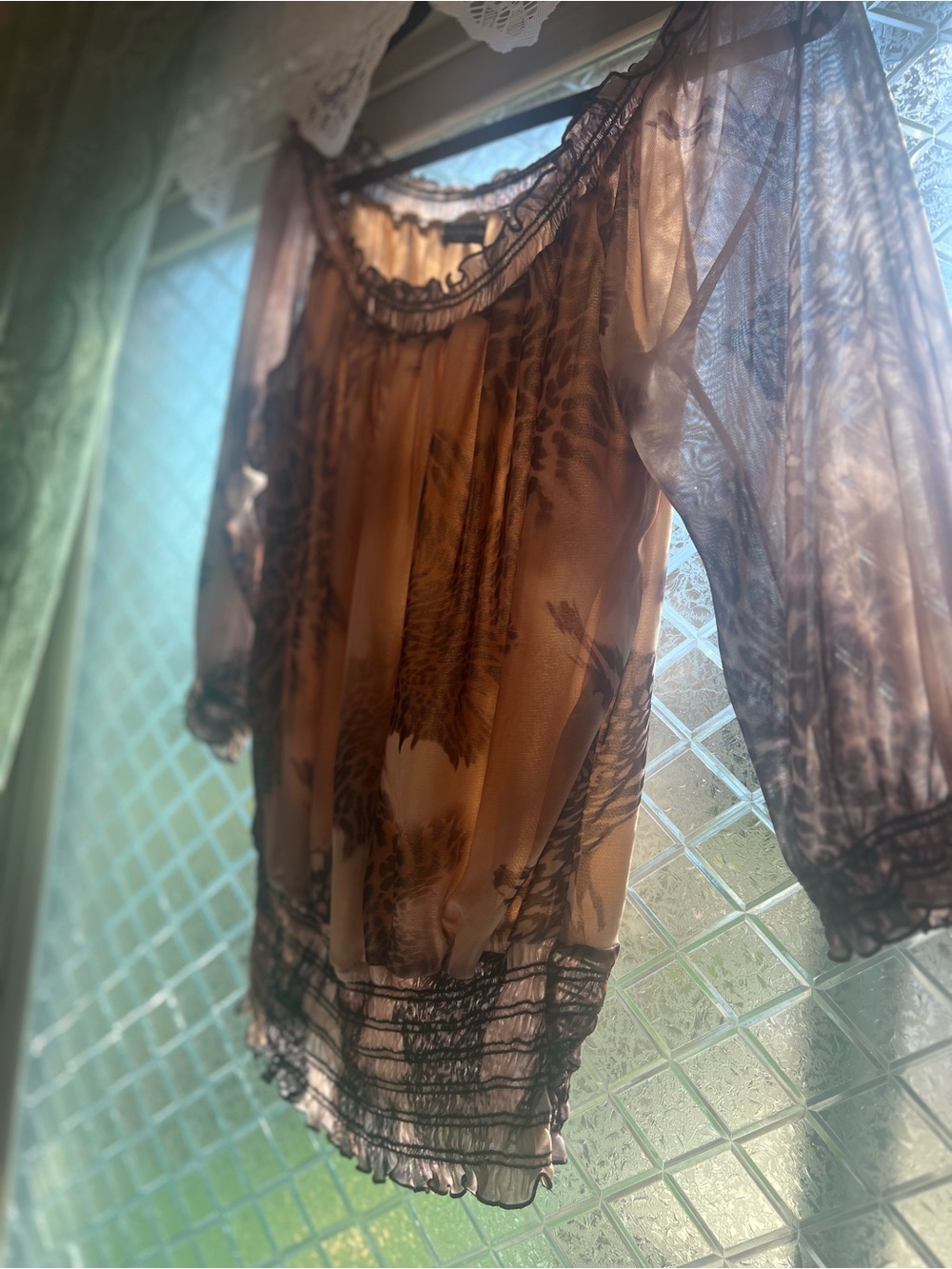 cha cha vente Beige and Brown Printed Sheer Top